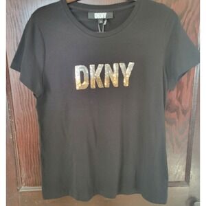DKNY Women T-Shirt Black Sequined Shiny Short Sleeve NWT Size Medium Casual Logo